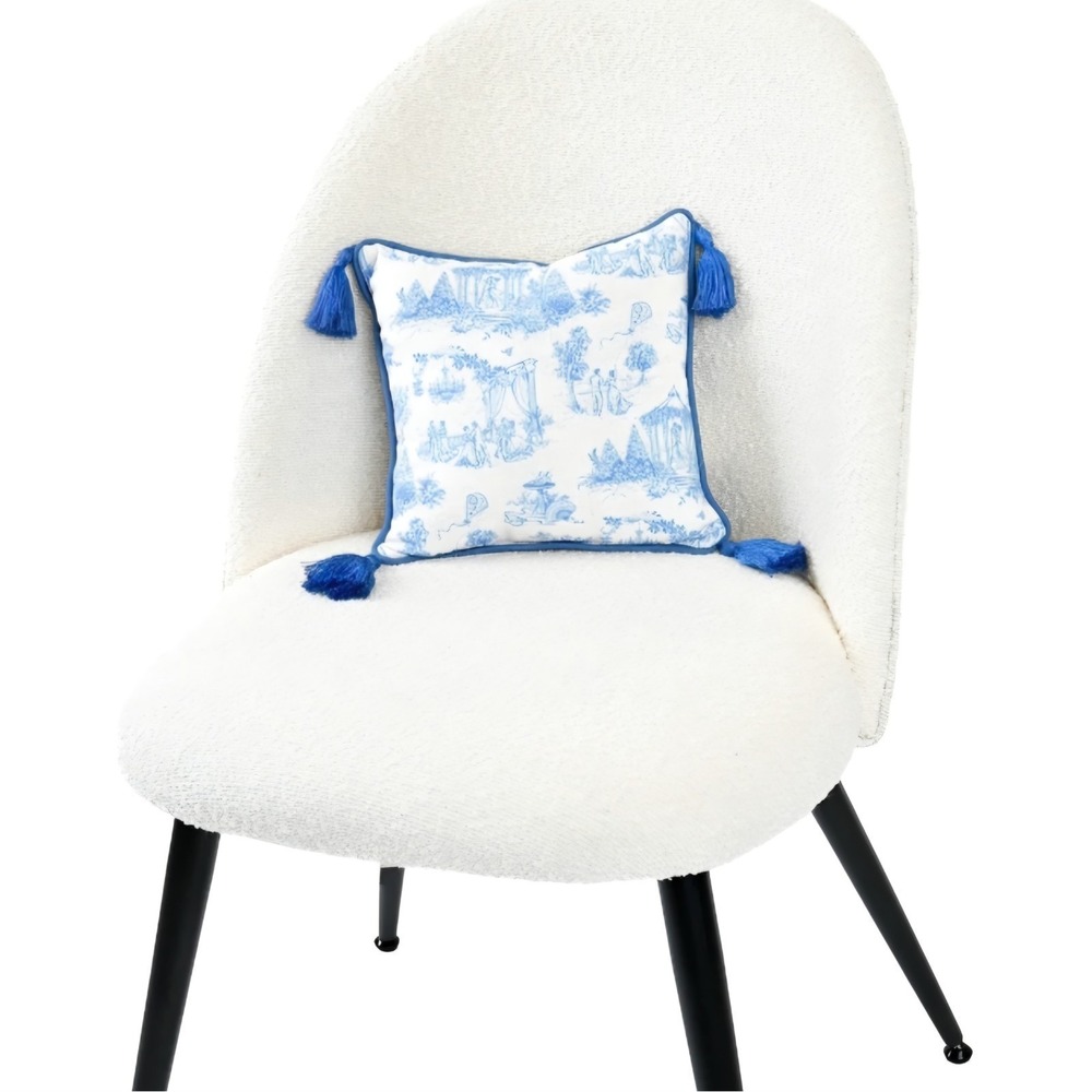 Bridgerton Toile Throw Pillow Blue White Garden Tassel Cushion 10" x 10" Dating - Picture 2 of 16